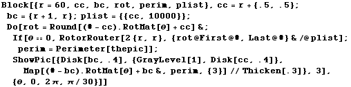 Block[{r = 60, cc, bc, rot, perim, plist}, cc = r + {.5, .5} ; bc = {r + 1, r} ; plist = {{cc, ... - bc) . RotMat[θ] + bc&, perim, {3}]//Thicken[.3]}, 3], {θ, 0, 2π, π/30}]]