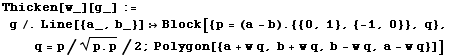 Thicken[w_][g_] := g/.Line[{a_, b_}] Block[{p = (a - b) . {{0, 1}, {-1, 0}}, q}, q = p/(p . p)^(1/2)/2 ; Polygon[{a + w q, b + w q, b - w q, a - w q}]]