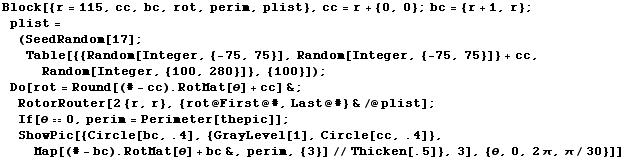 Block[{r = 115, cc, bc, rot, perim, plist}, cc = r + {0, 0} ; bc = {r + 1, r} ; plist = (SeedR ... - bc) . RotMat[θ] + bc&, perim, {3}]//Thicken[.5]}, 3], {θ, 0, 2π, π/30}]]