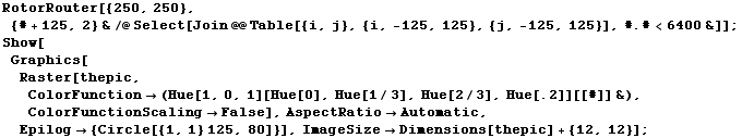 RotorRouter[{250, 250}, {# + 125, 2} &/@Select[Join @@ Table[{i, j}, {i, -125, 125}, {j, - ... matic, Epilog {Circle[{1, 1} 125, 80]}], ImageSizeDimensions[thepic] + {12, 12}] ;