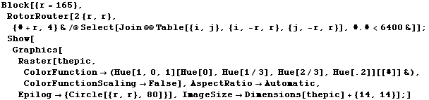 Block[{r = 165}, RotorRouter[2 {r, r}, {# + r, 4} &/@Select[Join @@ Table[{i, j}, {i, -r,  ... utomatic, Epilog {Circle[{r, r}, 80]}], ImageSizeDimensions[thepic] + {14, 14}] ;]
